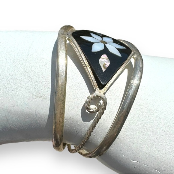 Vintage Alpaca Silver Black Onyx Abalone Shell Bracelet - Picture 3 of 5